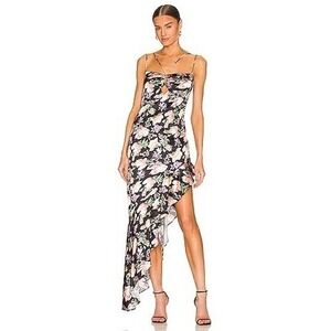 Nookie Simone Frill Maxi Dress XS Black Floral Asymmetrical Ruffle Revolve Gown
